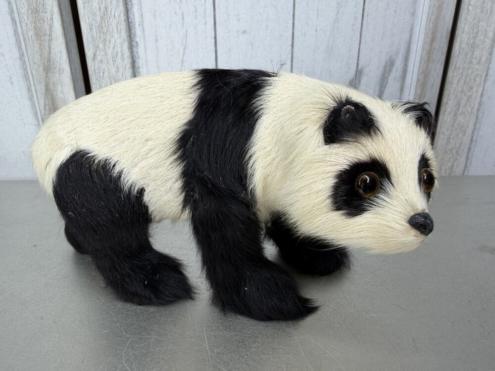 Vintage Real Fur Panda Bear Figure Long Super Soft Decor
